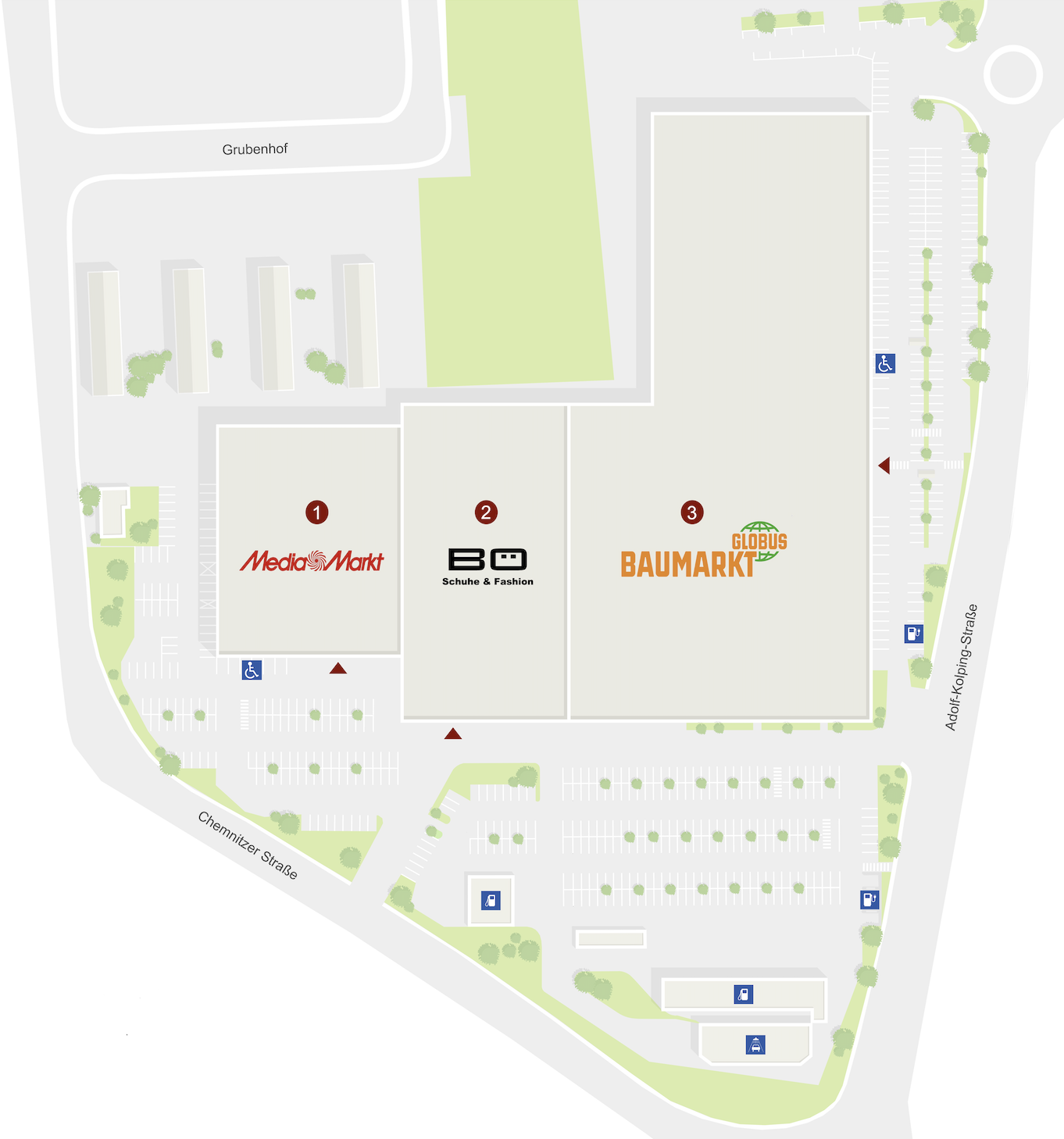 Lageplan des WSZ Fachmarktzentrums mit MediaMarkt, BÖ Schuhe & Fashion und Globus Baumarkt